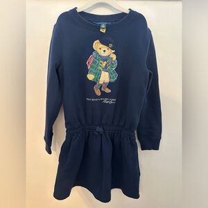 BRAND NEW Polo Ralph Lauren Girls Navy Blue Bear Graphic Sweater Dress, Size 7